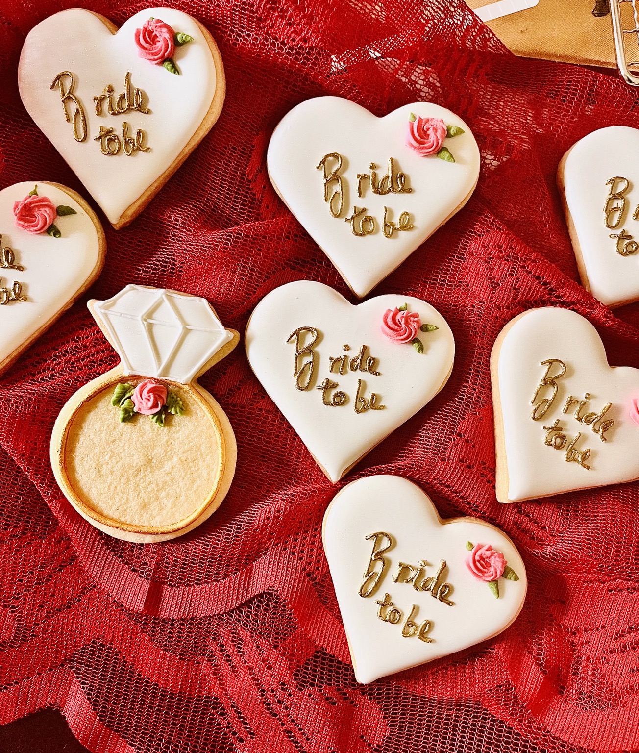 White and gold bride-to-be heart and engagement ring cookies