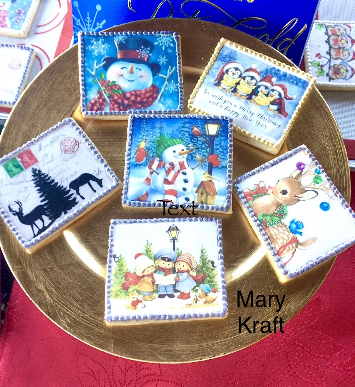 Christmas cookies decorated with vintage winter scenes